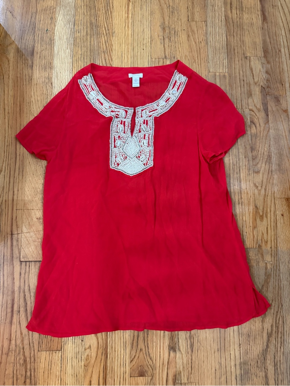 Chico's Red Short Sleeve Tunic with Cream Beaded Neckline Beach Summer Size 2